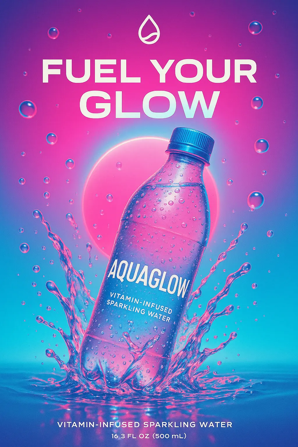 Futuristic advertisement poster template with sparkling water bottle