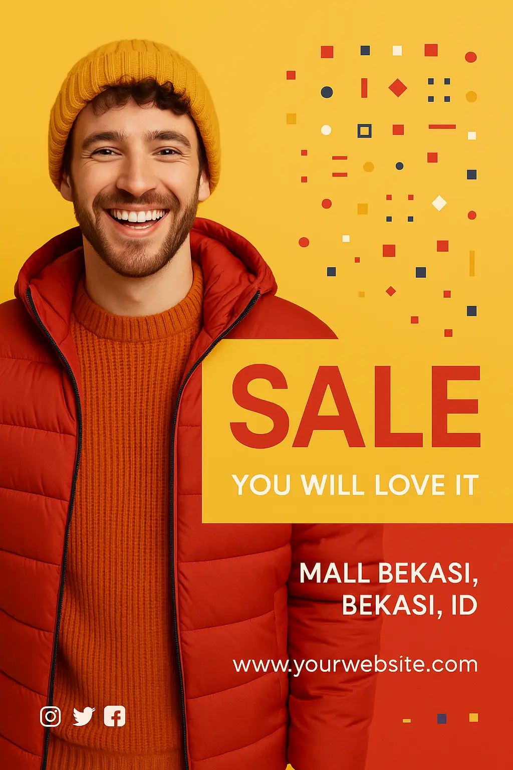 Advertisement poster template for a sale event featuring a smiling person in winter attire