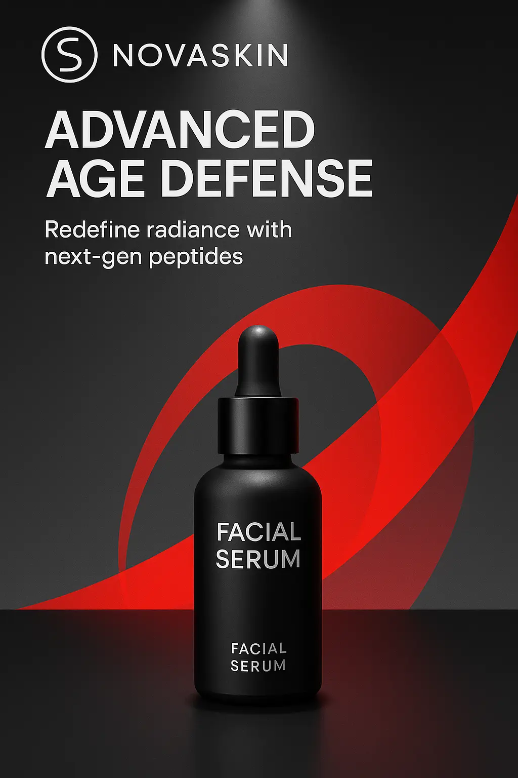 Modern advertisement poster template with serum bottle and red arc