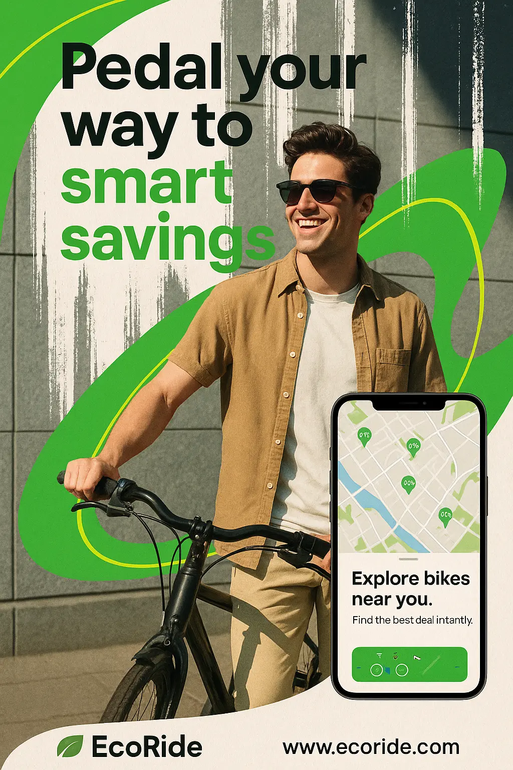 Urban-themed advertisement poster template for eco-friendly bike app
