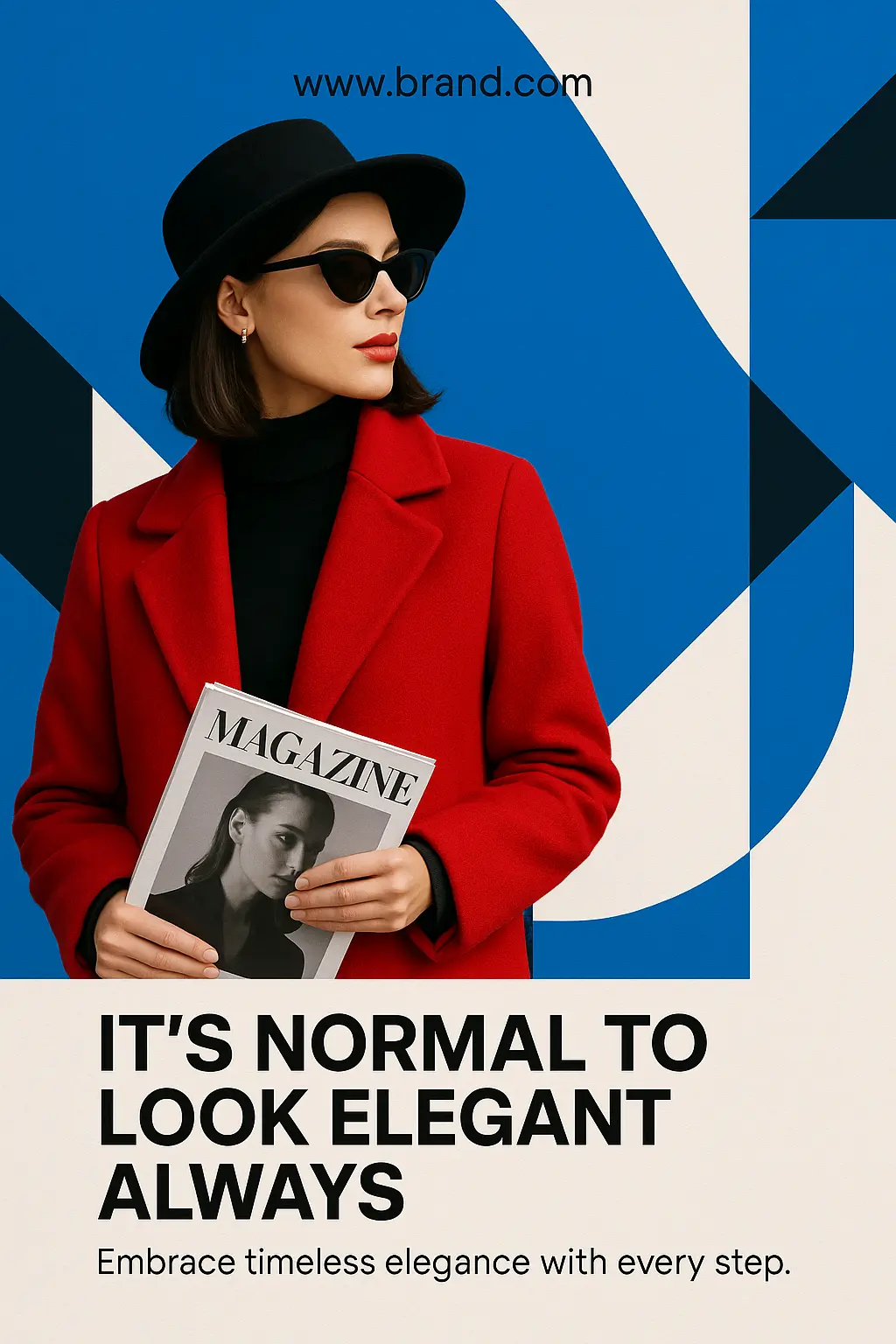 Advertisement poster template with stylish woman in red coat, modern design
