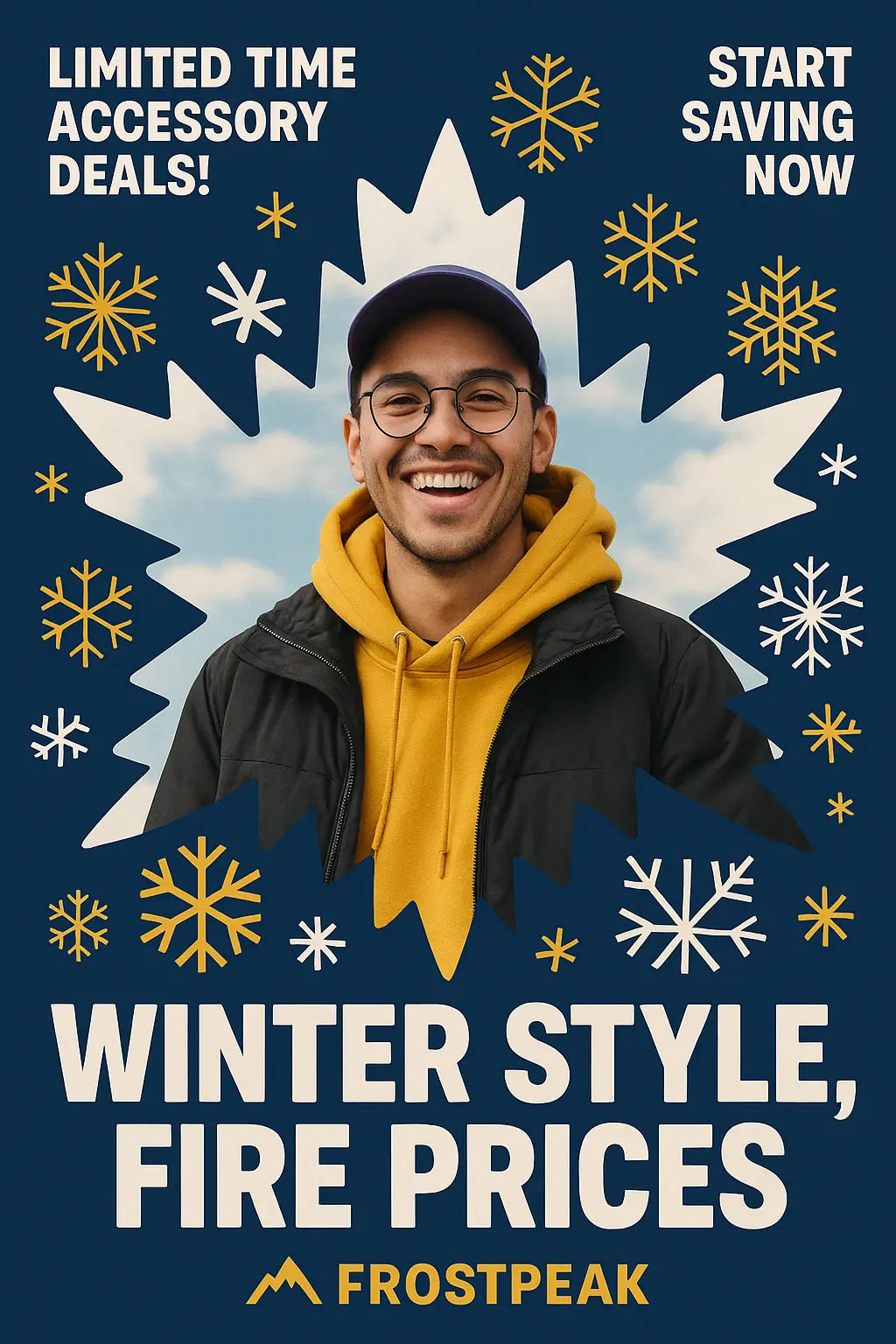 Winter fashion advertisement poster template with glitch-style text