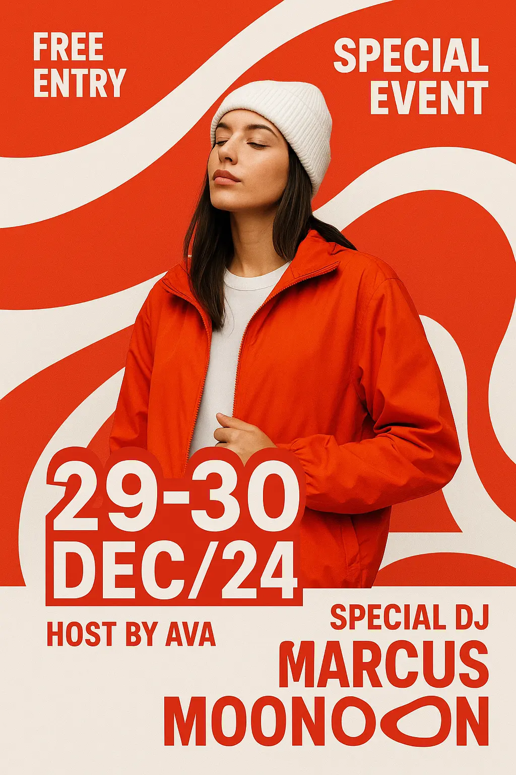 Special event advertisement poster template with DJ Marcus Moon and model in casual outfit