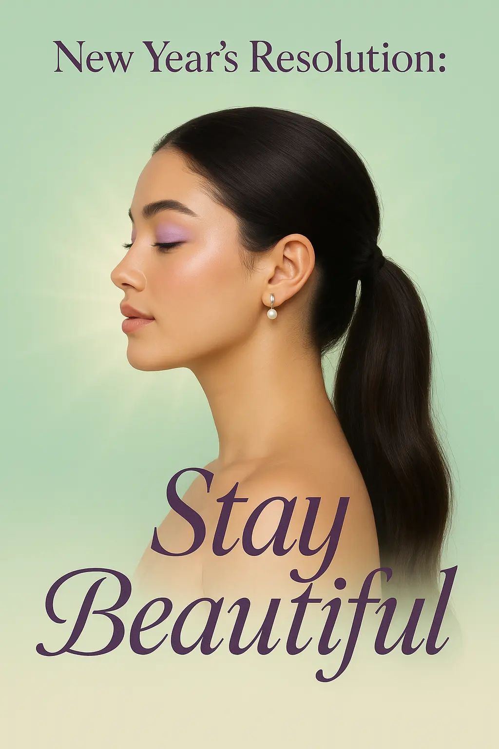Advertisement poster template featuring a beauty brand with a woman in profile, glowing background, and elegant typography.