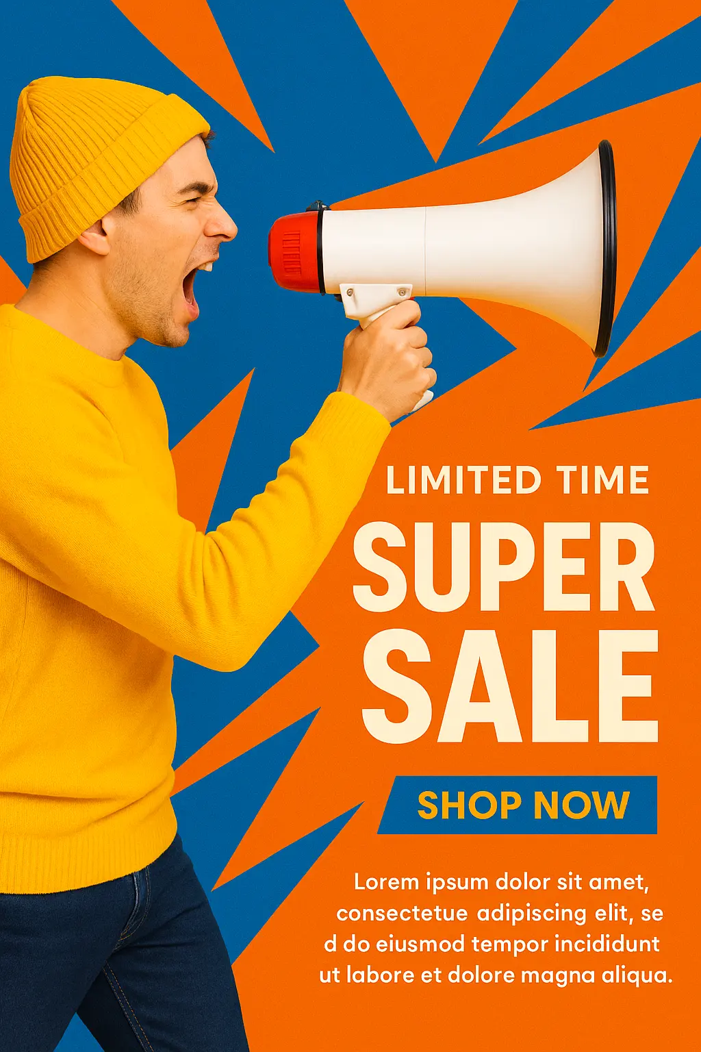 Summer sale advertisement poster template with megaphone and geometric shapes