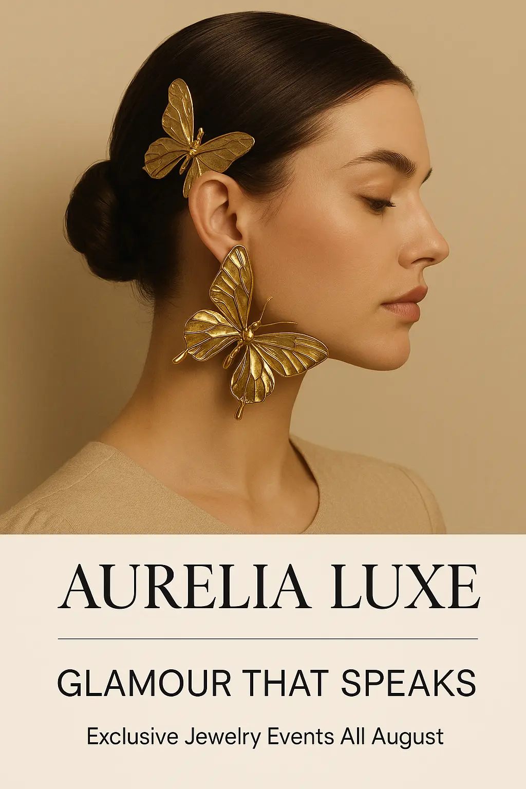 Elegant advertisement poster template with gold butterfly earrings