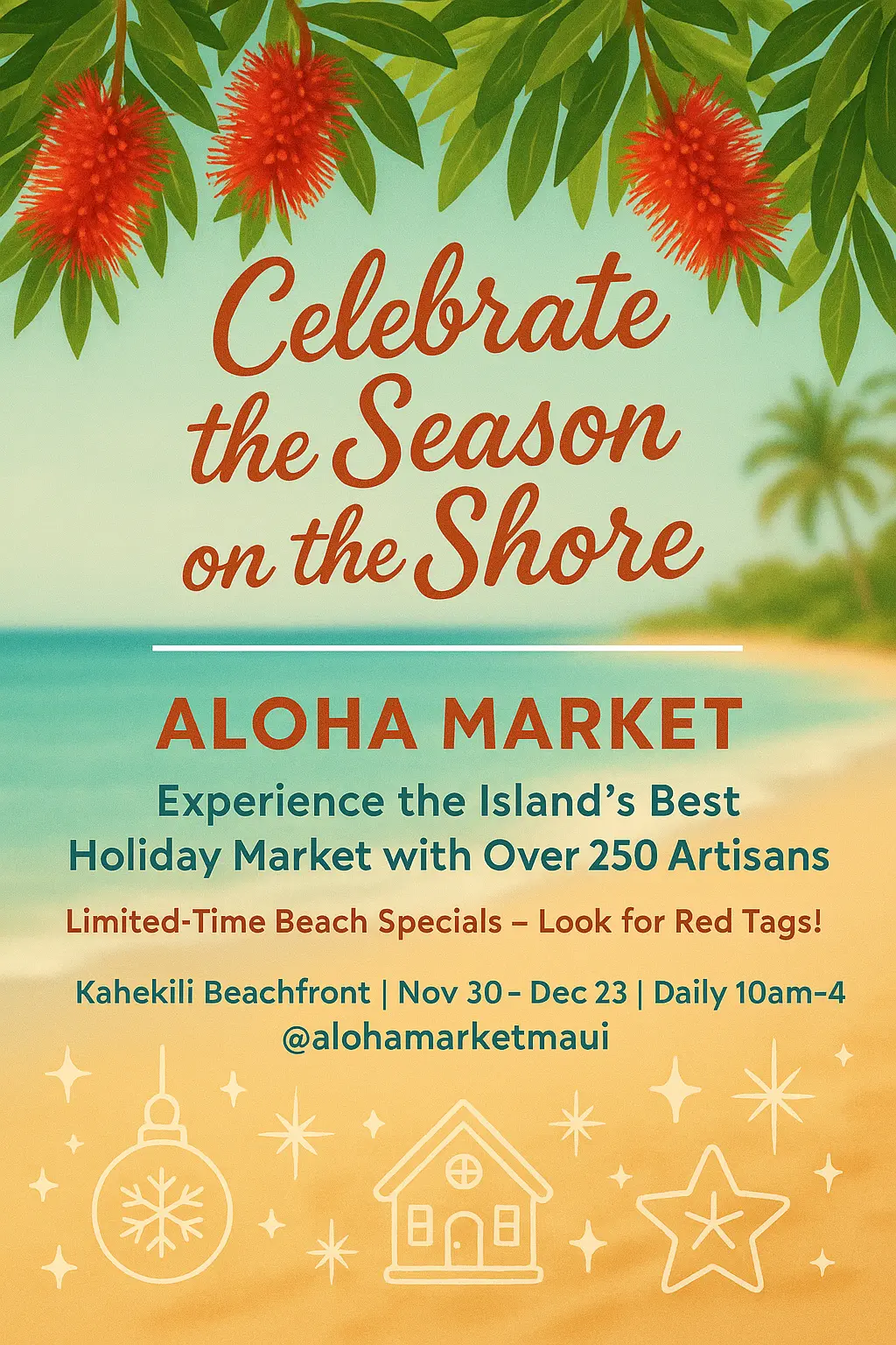 Tropical beach holiday advertisement poster template with red flowers and festive text