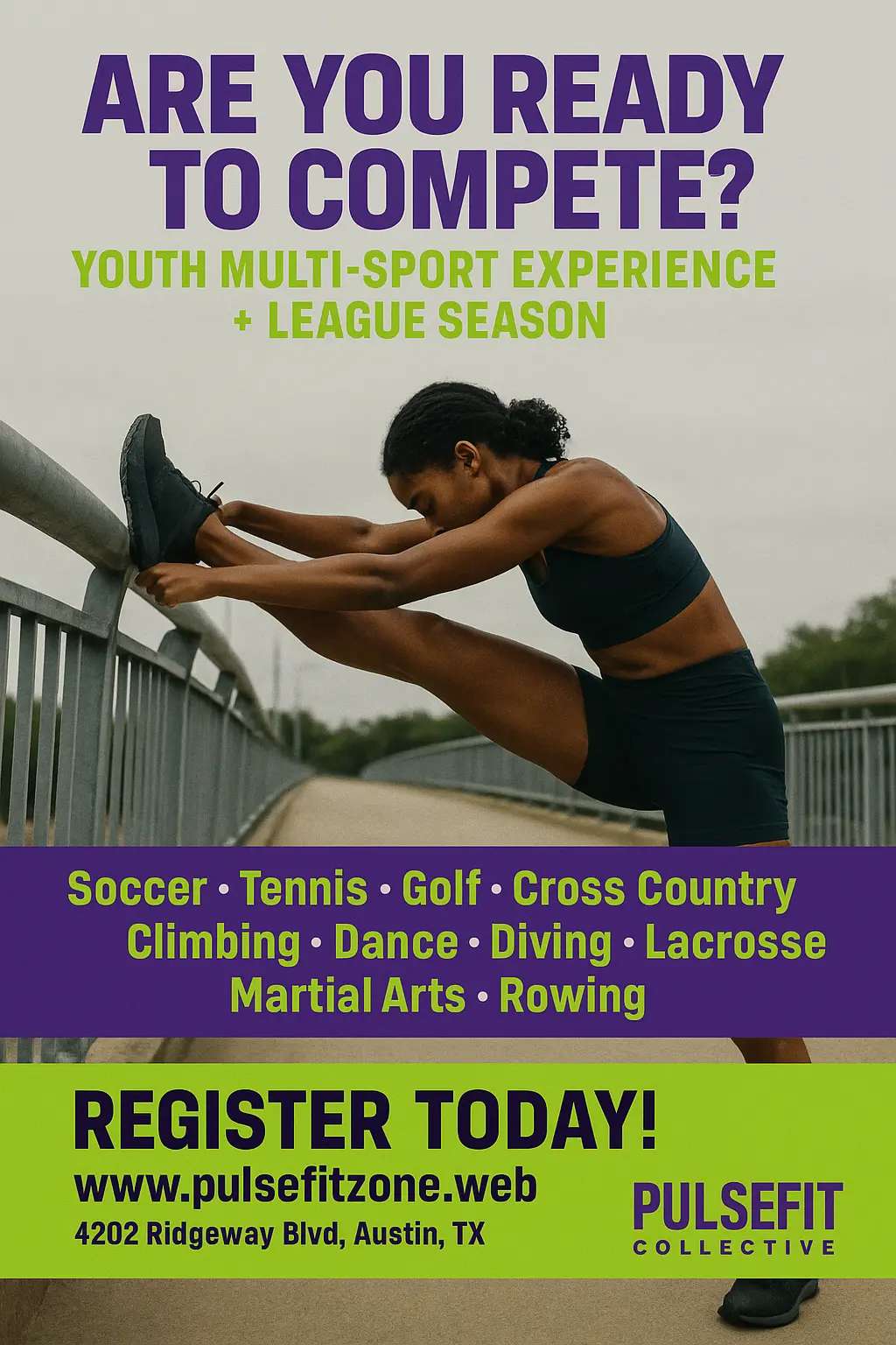 Energetic sports advertisement poster template with bold colors and athlete stretch pose