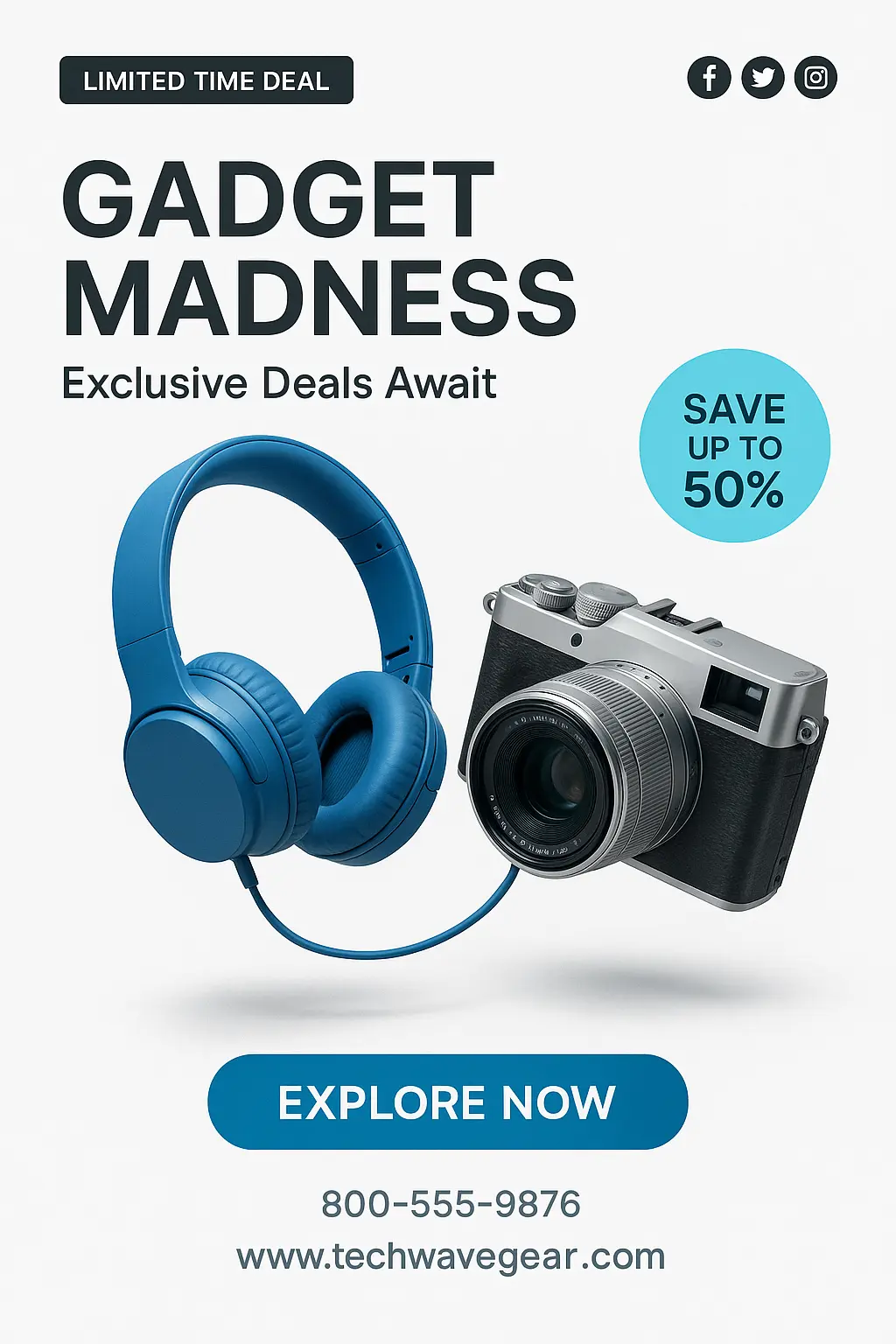 Modern tech-themed advertisement poster template with headphones and camera