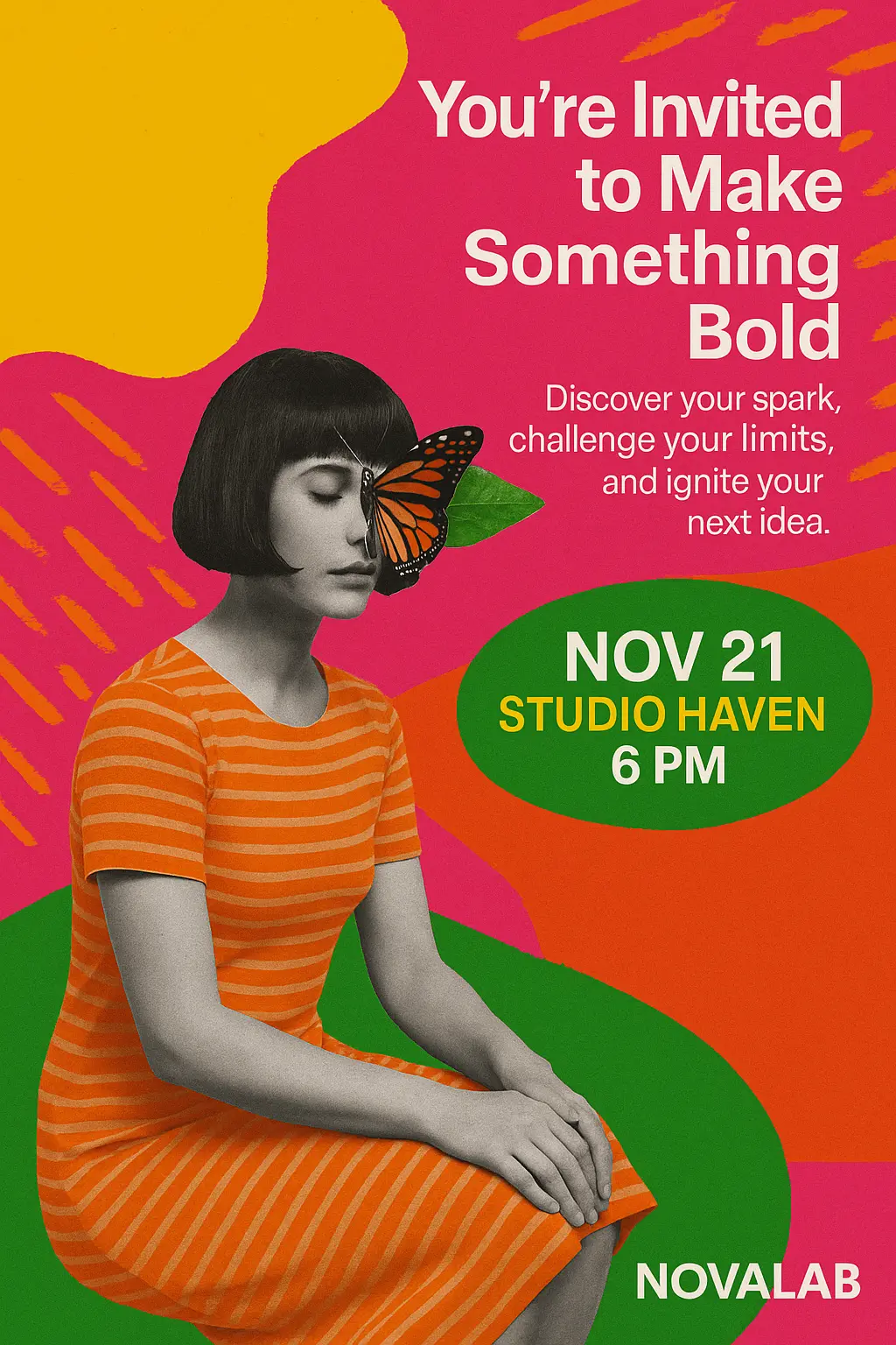 Colorful collage advertisement poster template with woman and butterfly