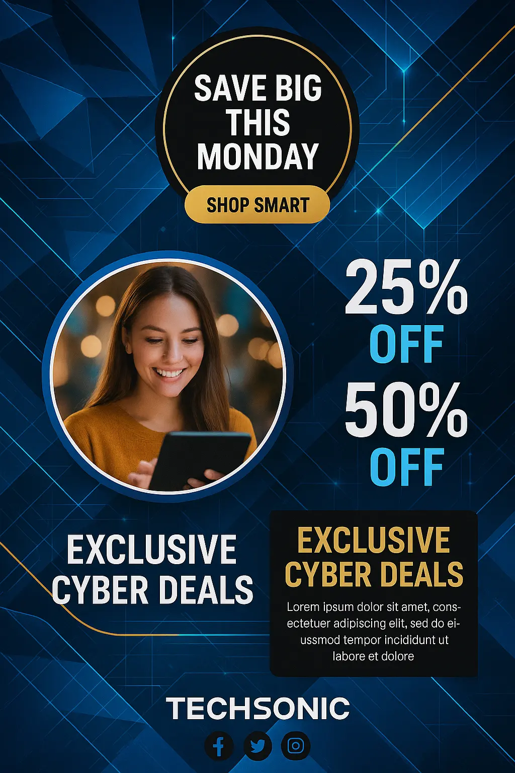 Cyber Monday tech advertisement poster template with tablet deals