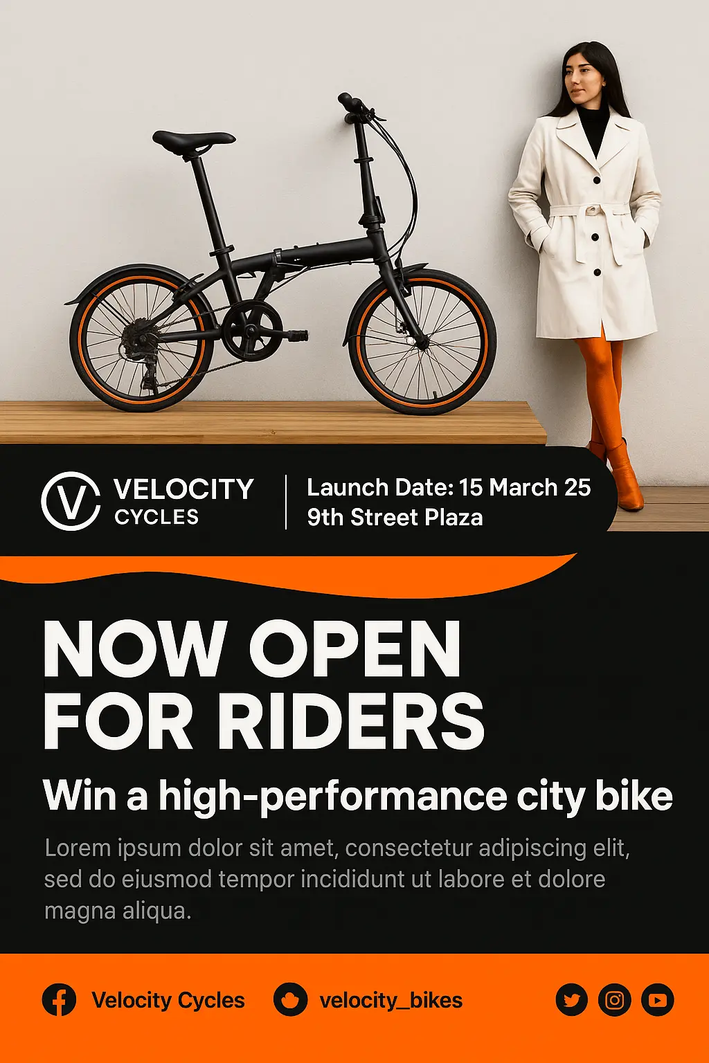 Energetic advertisement poster template for bicycle store opening