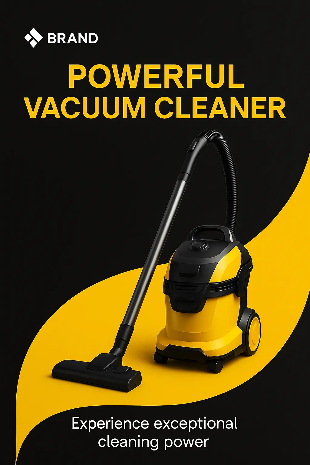 Advertisement poster template with a vacuum cleaner on a yellow and black background