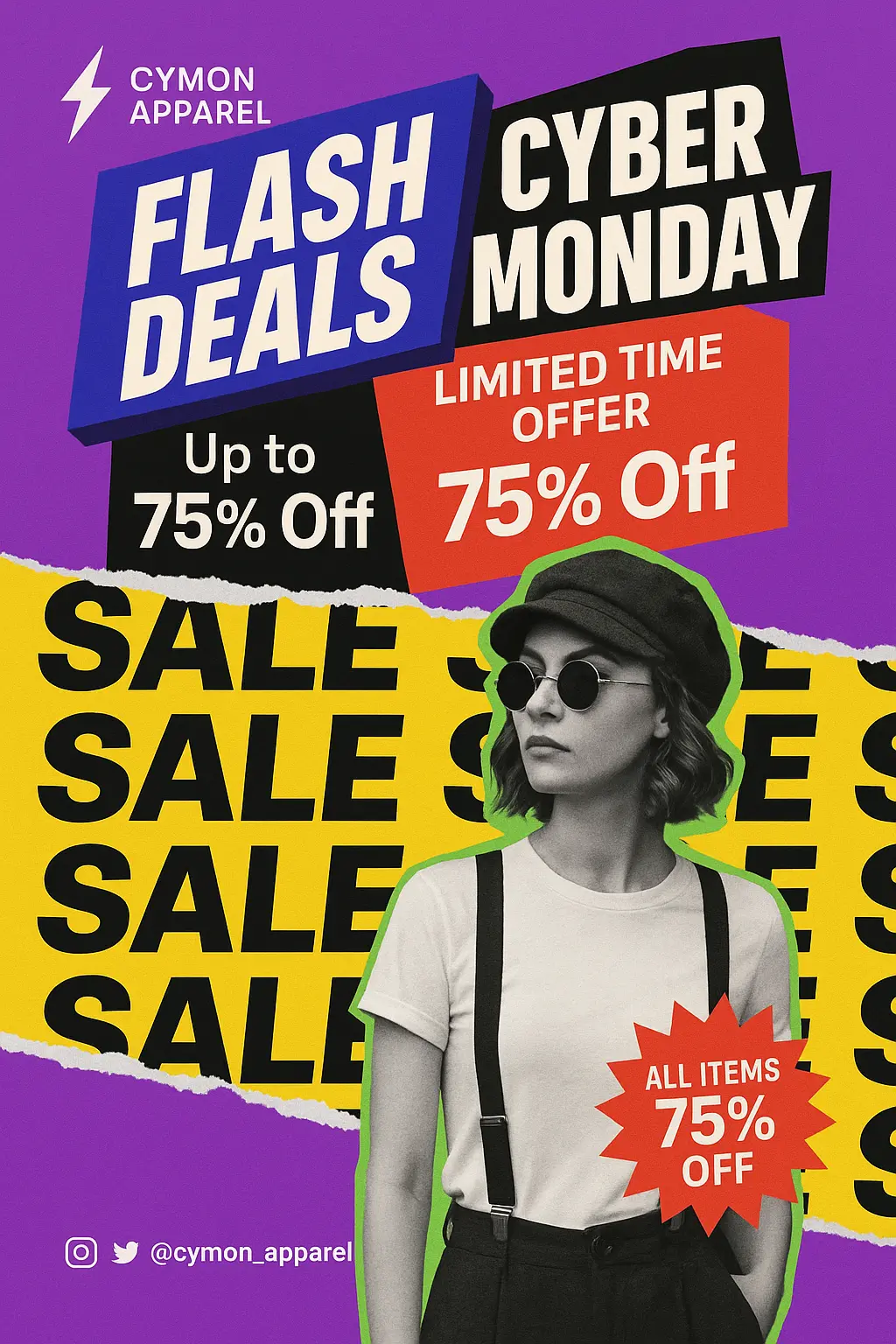 Cyber Monday advertisement poster template with bold colors and vintage fashion