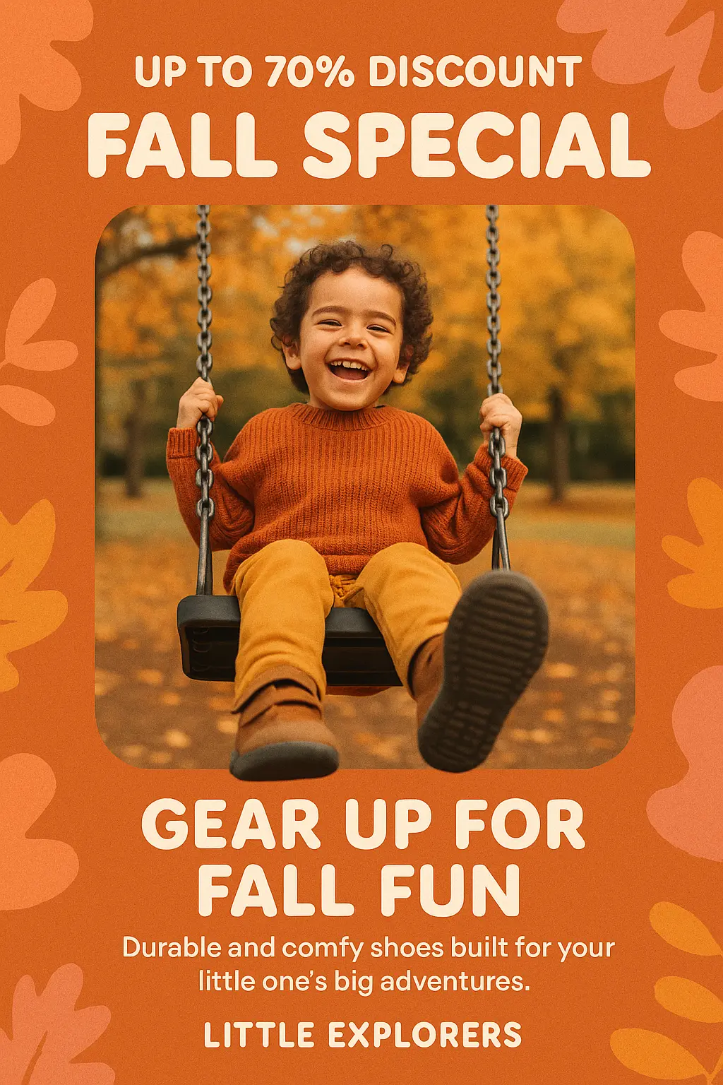 Colorful advertisement poster template with kid on swing promoting fall shoes