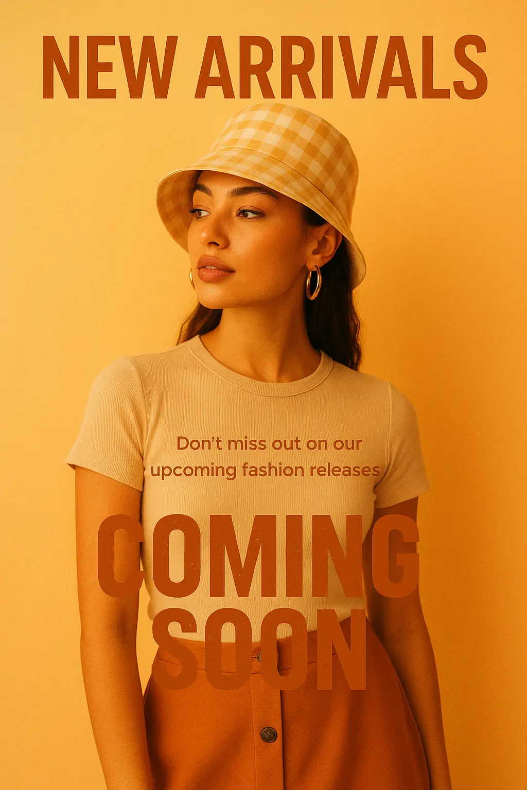 Fashion advertisement poster template with model wearing checkered hat and earrings