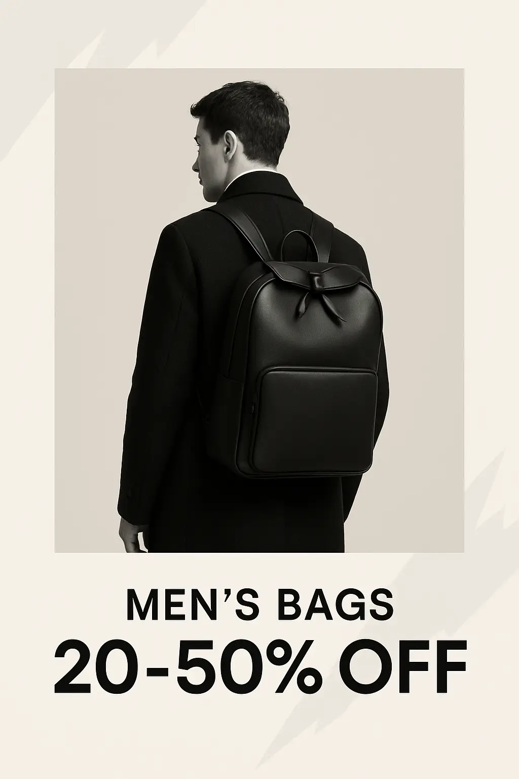 Advertisement poster template for men's bags sale featuring black backpack on model