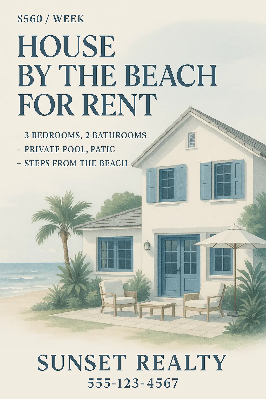 Advertisement poster template for house rental by the beach