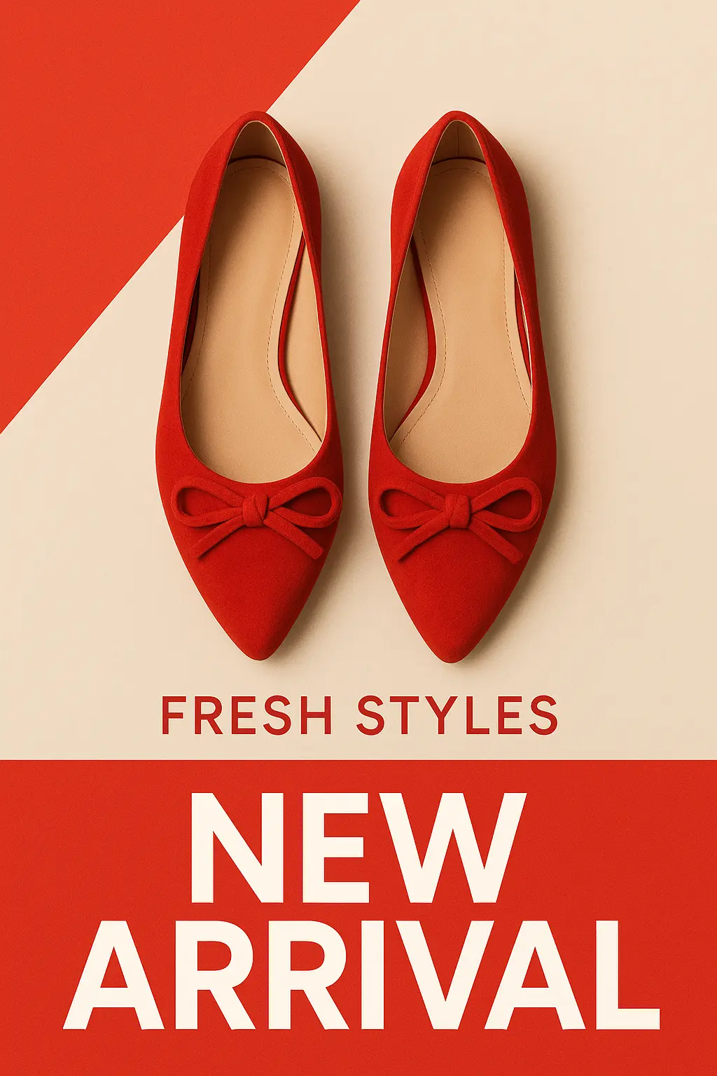 Footwear advertisement poster template featuring red flat shoes with bow