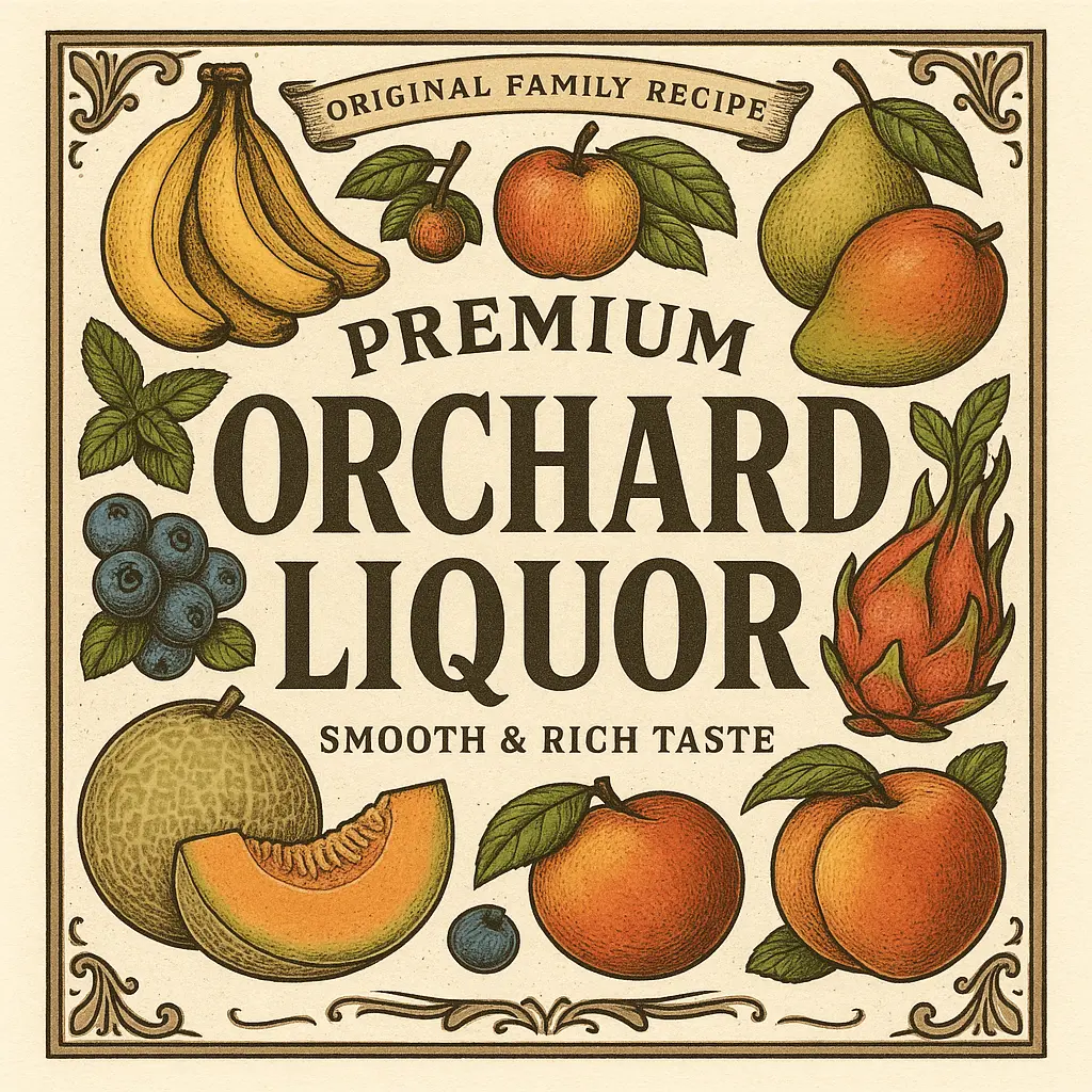 Elegant liquor label template with fruit illustrations.