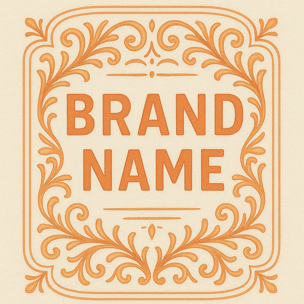Ornate hand-drawn label template with decorative borders and brand name.