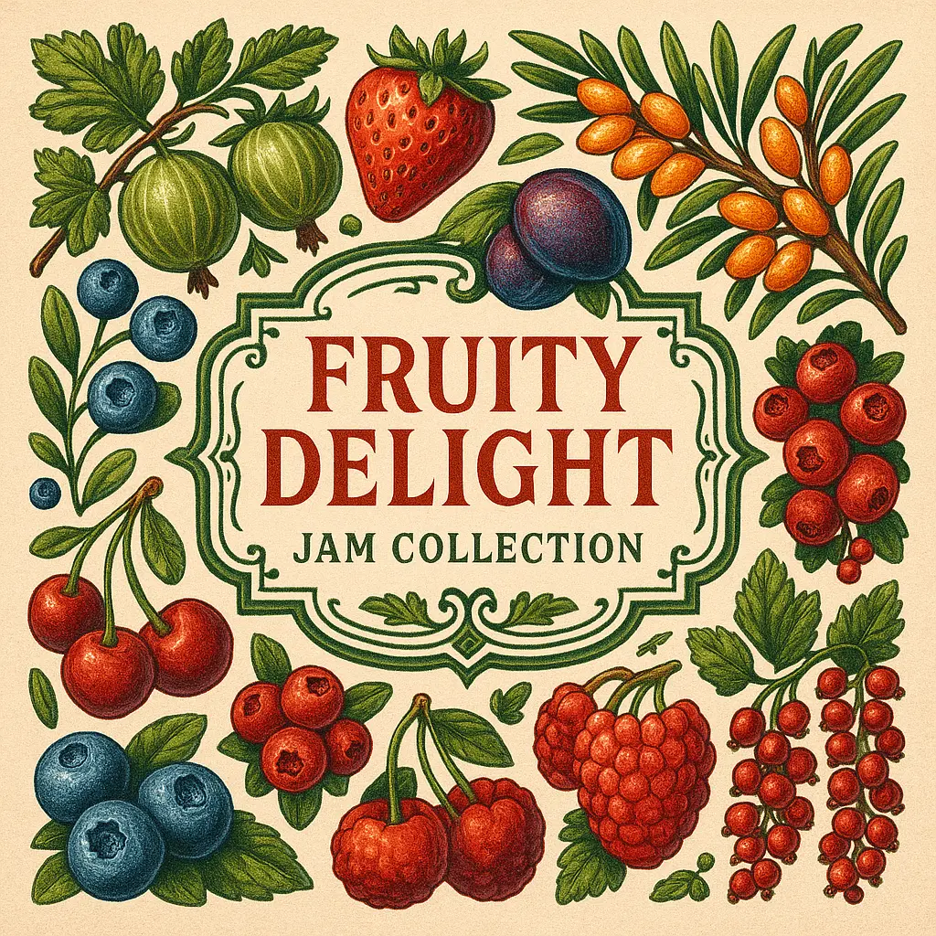 Vintage ornate jam label template with fruits.