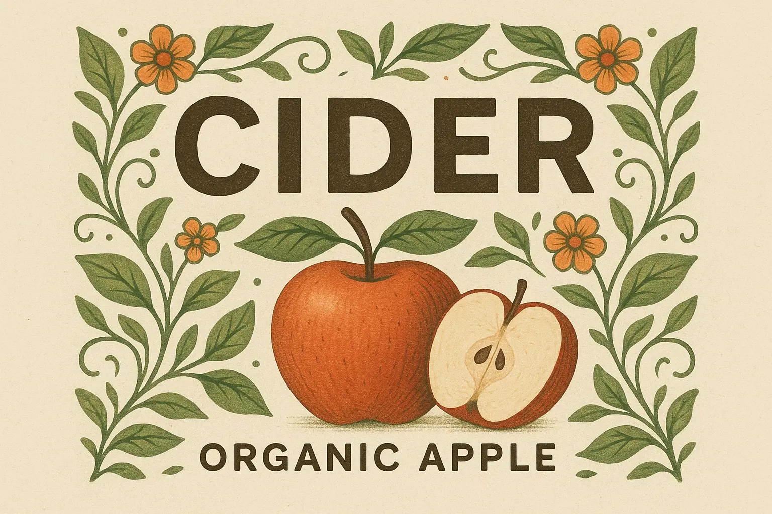 Hand-drawn cider label template with apple and botanical elements