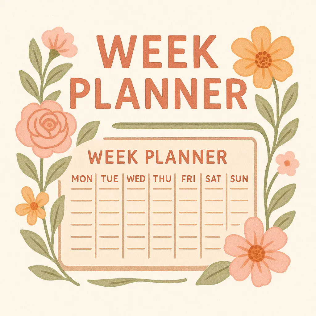 Playful floral label template with pink and orange flowers.