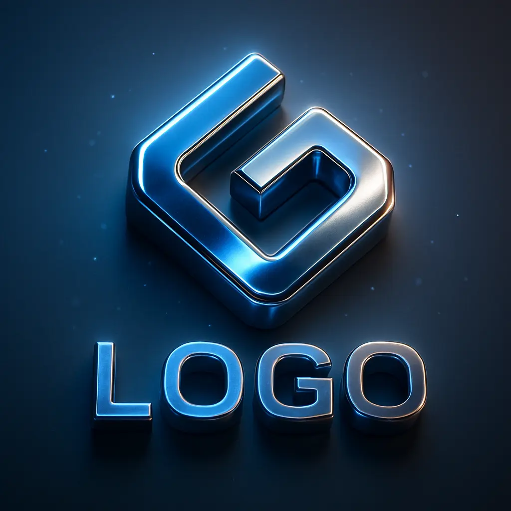 3d logo template with metallic chrome geometric symbol and blue gradient