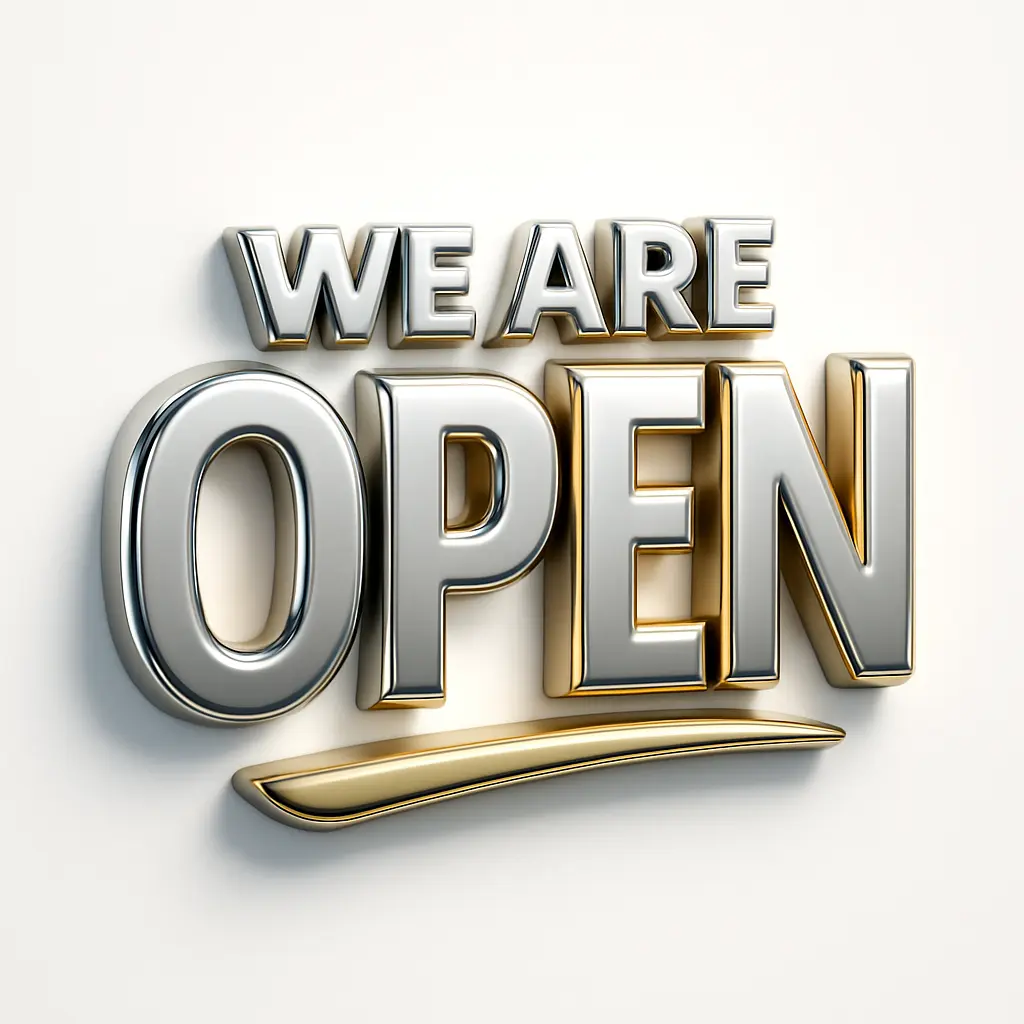 3d logo template with 'We Are Open' text in chrome and gold