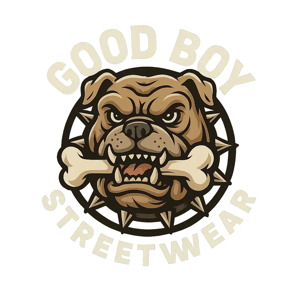 Clothing brand logo template with a bulldog mascot and bold streetwear typography.