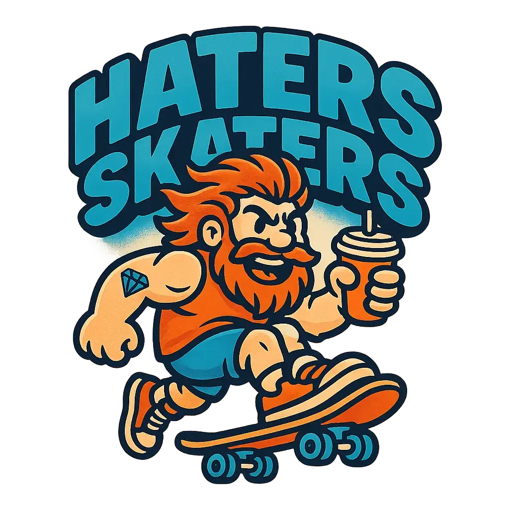 Haters Skaters bold clothing brand logo template with a skateboarder mascot