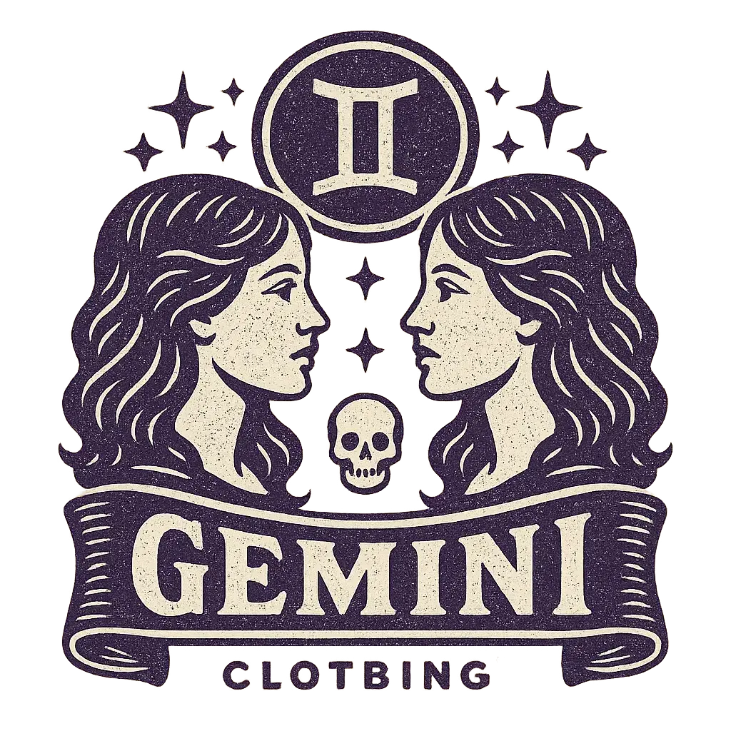 Gemini clothing brand logo template with dual women profiles and zodiac symbol