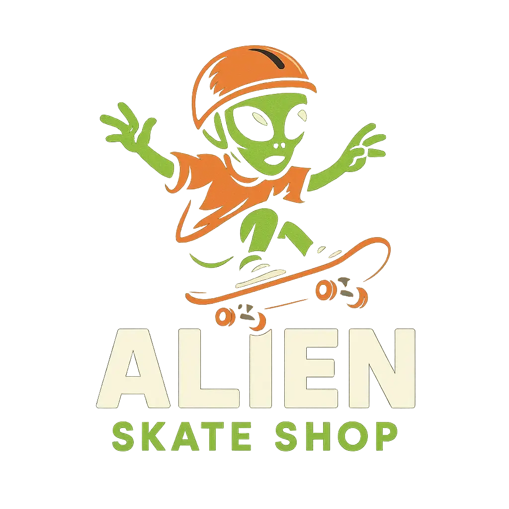 Bold clothing brand logo template featuring a playful alien mascot on a skateboard