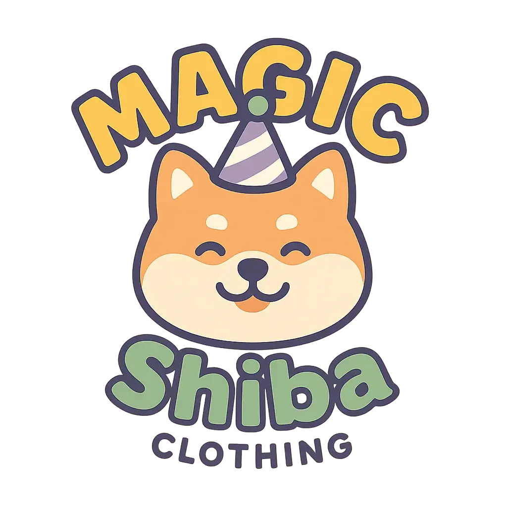 playful clothing brand logo template featuring a Shiba Inu mascot with party hat