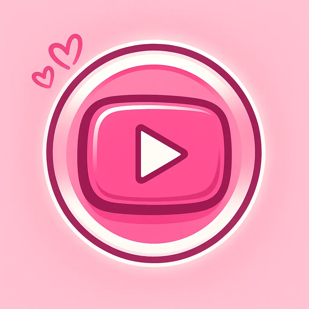 youtube logo template with pink play button and heart doodles