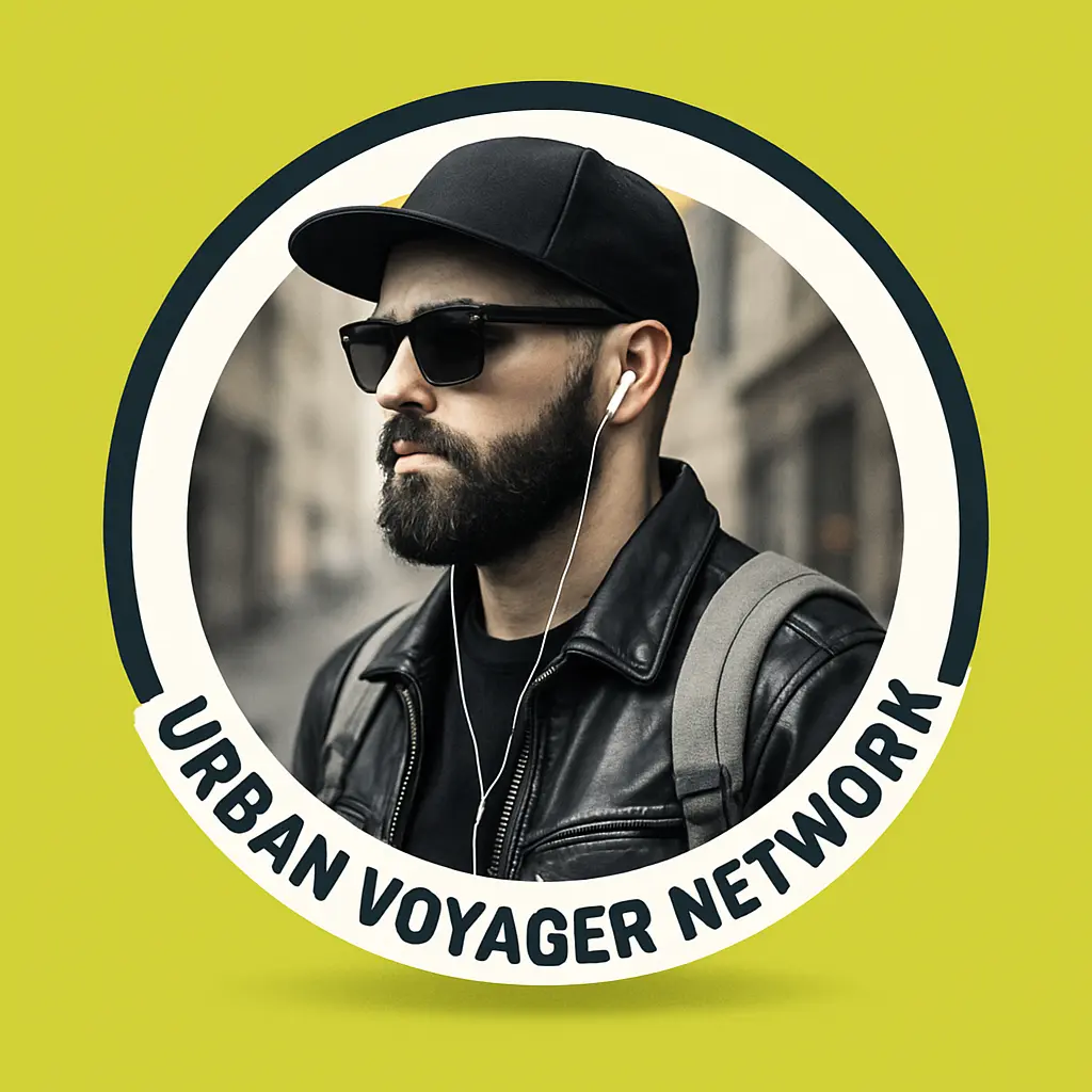 Urban-style youtube logo template with man in leather jacket