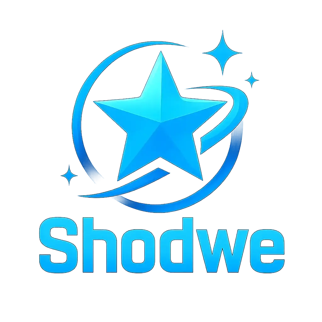 Shodwe youtube logo template with dynamic stars and blue text