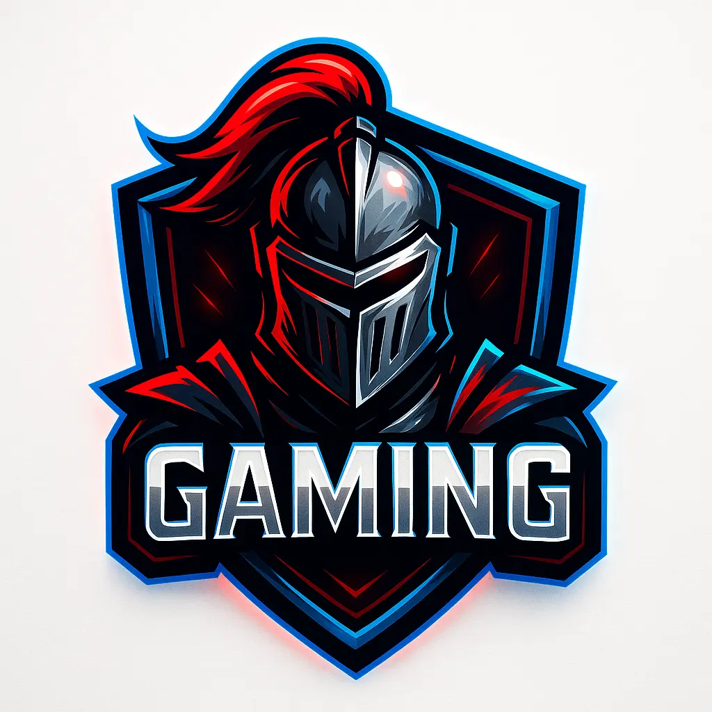 Gaming logo template with knight helmet and dynamic shield.
