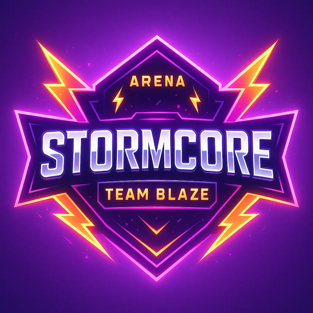 Neon vector gaming logo template with bold shield and lightning