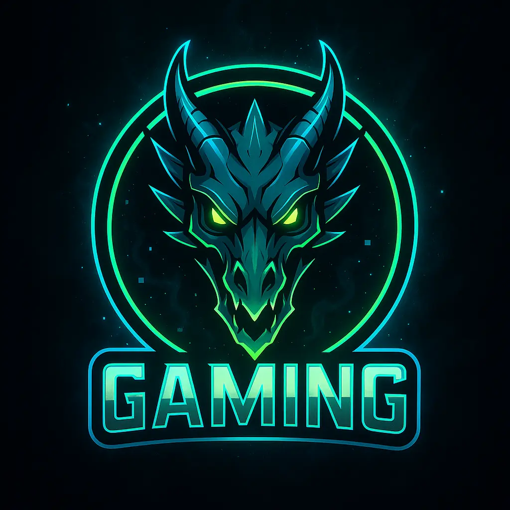 Gaming logo template with glowing dragon skull in circular frame