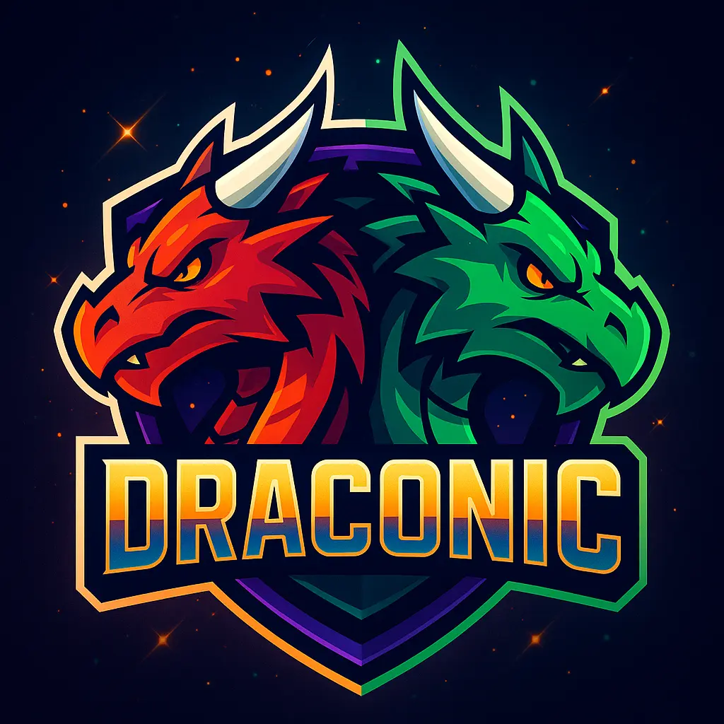 Bold gaming logo template with red and green dinosaurs