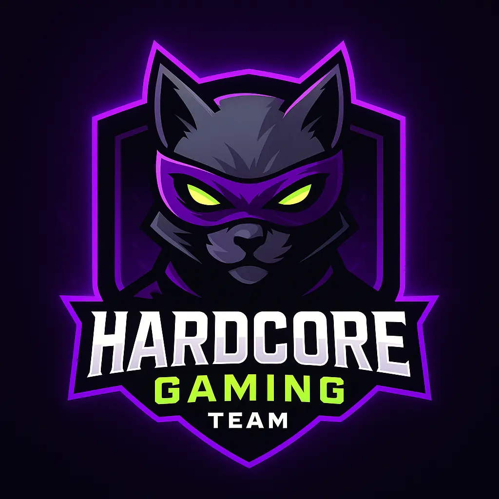 Stylized cat gaming logo template with purple mask and glowing accents