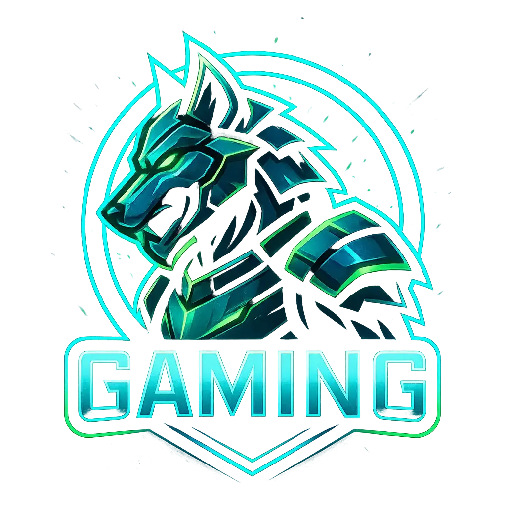Gaming logo template featuring armored wolf head with glowing effects