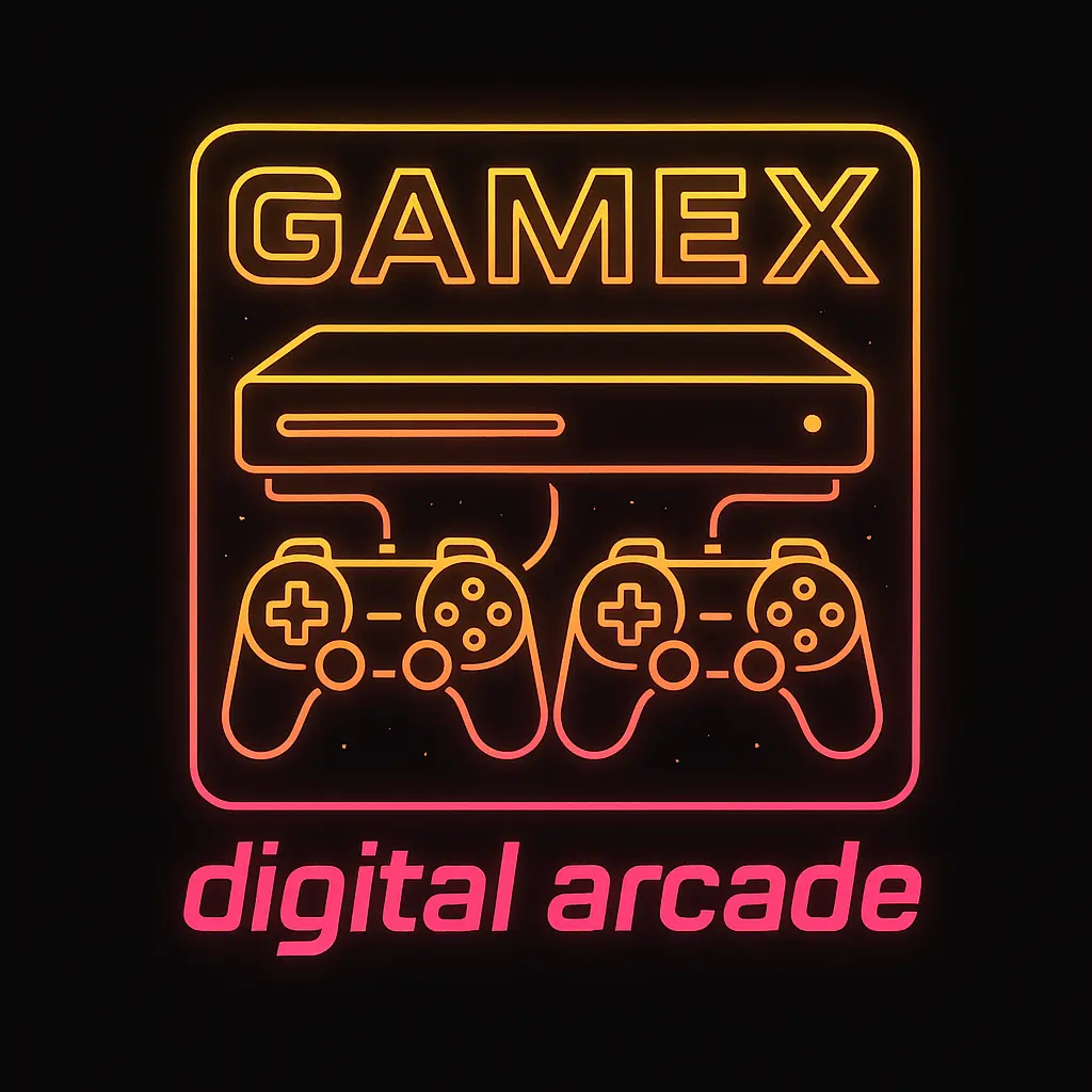 neon gaming logo template with dual controllers