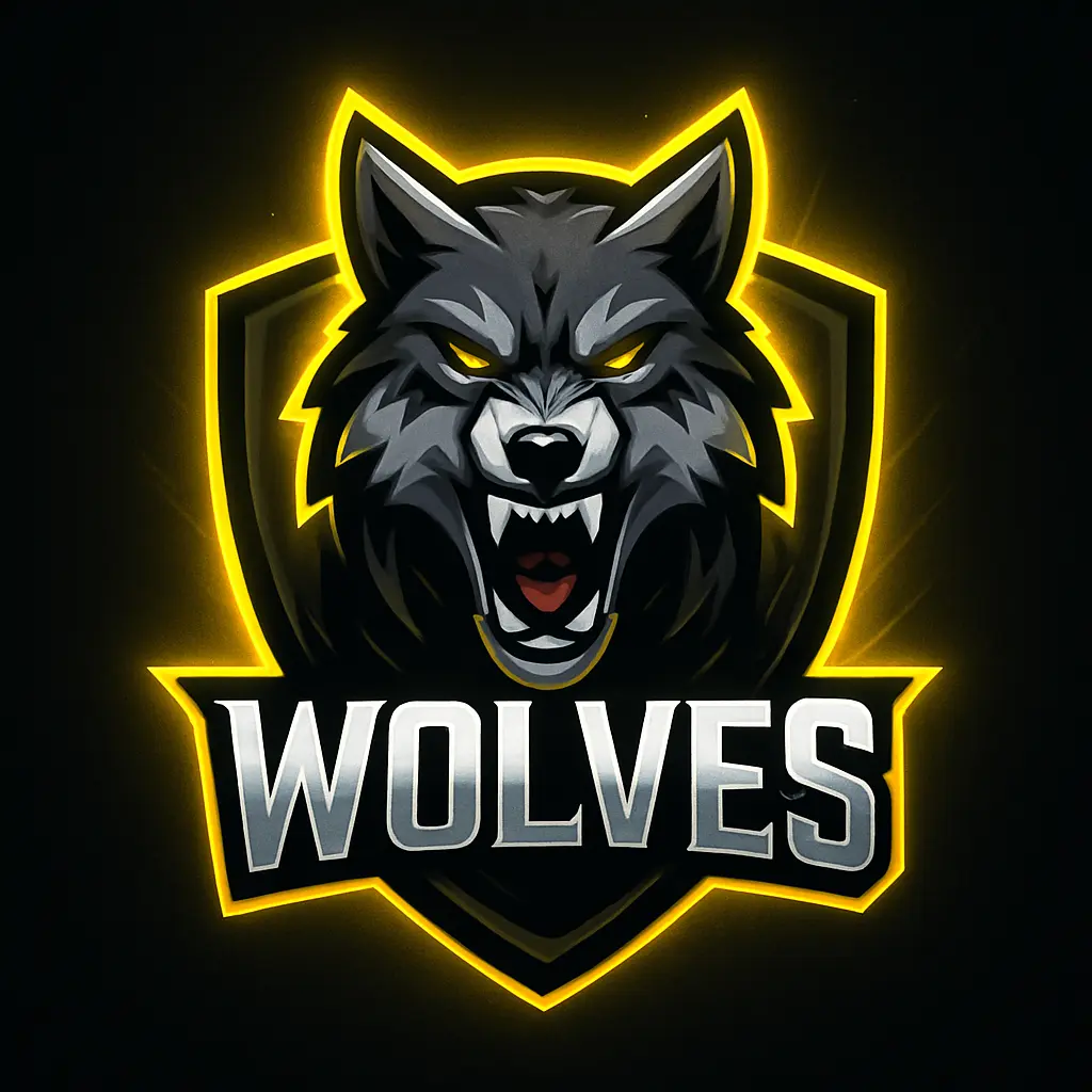 Aggressive wolf mascot gaming logo template with bold metallic text