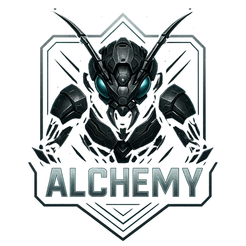 Gaming logo template featuring mechanical insect creature with glowing accents
