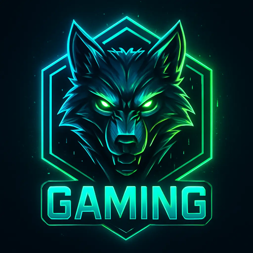Futuristic gaming logo template with glowing wolf head