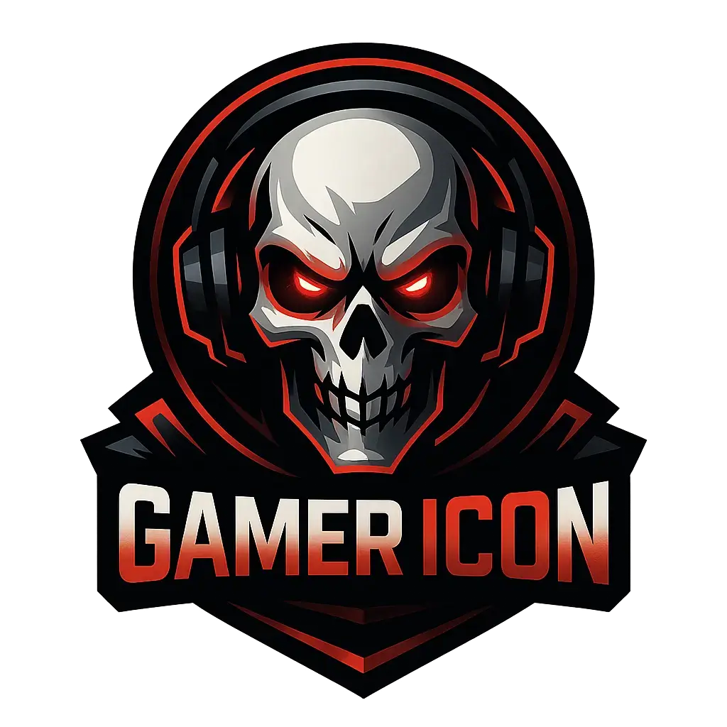 Gaming logo template with skull and headphones, glowing red accents