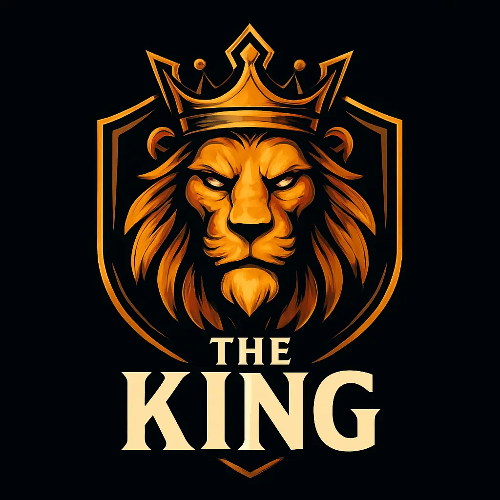 Gaming logo template featuring a fierce lion's head with a crown